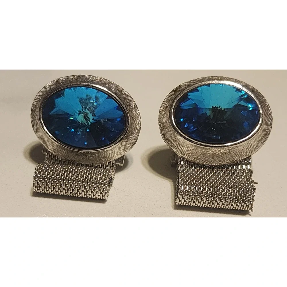 Vintage Silver Tone Blue Crystal Oval Mesh Wrap Around Cufflinks READ
